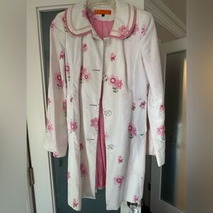 Embroided coat white textured fabric with pink flowers and clear lucite buttons
